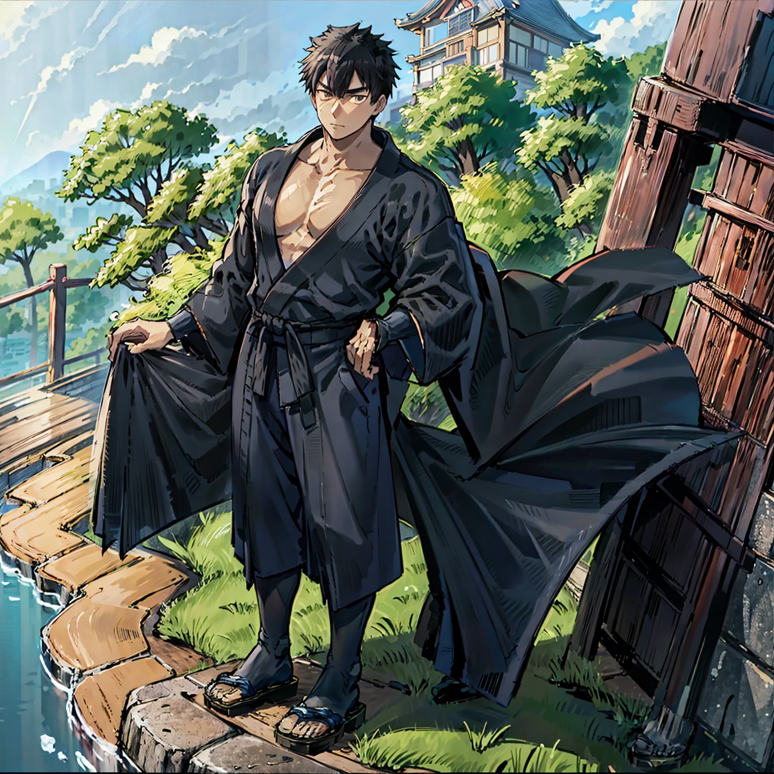 Japanese man, young man standing on hill, looking at beautiful view, picturesque Japanese cityscape, anime-like image, high resolution, fantastic atmosphere, facing you, Shinkai Makoto, Shinkai Makoto style, young man standing on right side, thin young man, serious expression, black rimmed black hair, dark blue kimono kimono, black obi, black geta (Japanese clogs), figure is on right side, left side empty.