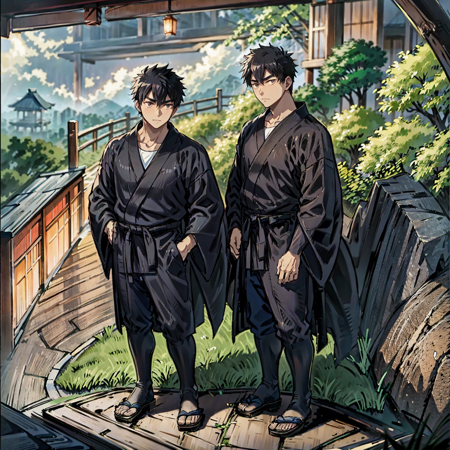 Japanese man, young man standing on hill, looking at beautiful view, picturesque Japanese cityscape, anime-like image, high resolution, fantastic atmosphere, facing you, Shinkai Makoto, Shinkai Makoto style, young man standing on right side, thin young man, serious expression, black rimmed black hair, dark blue kimono kimono, black obi, black geta (Japanese clogs), figure is on right side, left side empty.