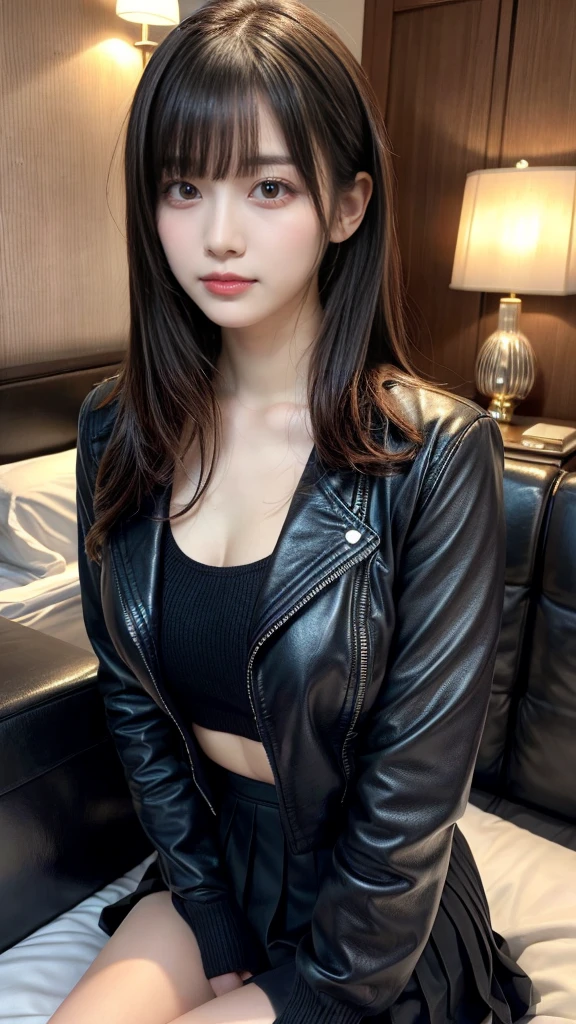 masterpiece, best quality, illustration, Super detailed, fine details, High resolution, 8K,wall paper, perfect dynamic composition, front view, upper body, Upper body only, 18 year old girl, Gravure Idol, cute type, (Details High quality, realistic depiction of eyes:1.3), revealing clothes, straight hair, bangs, black hair color, Dark makeup, Big Natural Color Lip, perfect body shape, plump figure, beautiful clavicle, Black leather jacket, Knit sweater that goes all the way down to the neck, pleated skirt, hotel room