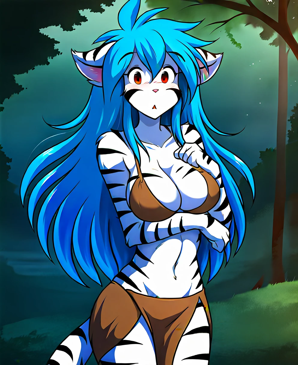 score_9, score_8_up, score_7_up, score_6_up, score_5_up, score_4_up, rating_explicit, source_furry, female, cute anthro female, cute face, detailed background, looking at viewer, solo, solo focus, (no nipples, no vagina:1.4), (digital pen line-art, soft lines, soft shading, pinup, cartoon, anime:1.3), tktigertrace, anthro, keidran, tiger, (white fur:1.2), striped fur, long blue hair, busty, long hair, tail, forest, (tribal outfit:1.3), midriff, bra