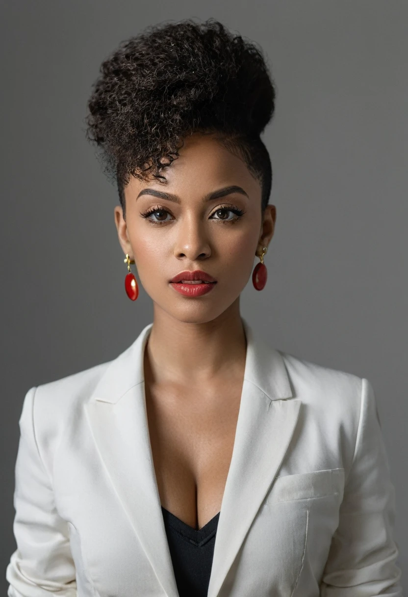 1girl, epiCRealism, Cinematic still, (((striking facial features))), Charming African-American Woman, (((black woman))), (((Neutral face))), (((Undercut hair))), (((very dark skin))), (((busty black womans))), (((boxum girl))), (((big tits pressed together))), (((Afro hair ))), makeup, (((wearing Blazer))), (((wearing Pencil skirt))), (((Tao Splash earrings gold))), (((focus on face))), good white balance, (two cinematic sources of light in opposite directions), (two volumetric sources of light in opposite directions), (natural shading), (((Neutral gray backdrop))), (((photo en noir et blanc avec seulement la sphère rouge en couleur))), shot on Hasselblad X2D 100C, 80mm lens, depth of field, bokeh, film grain, vivid color, female poses, expressive female portrait, (((Full body shot)))
