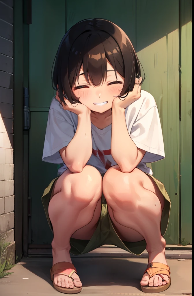 Residential Street,smile,Squat,close your eyes,1 ,boyish.Two-block shorthair,Black Hair,blush,White T-shirt,Olive green shorts,Brown Sandals,White skin,summer,From below,Open your hands,shy,Sweat,Grin,