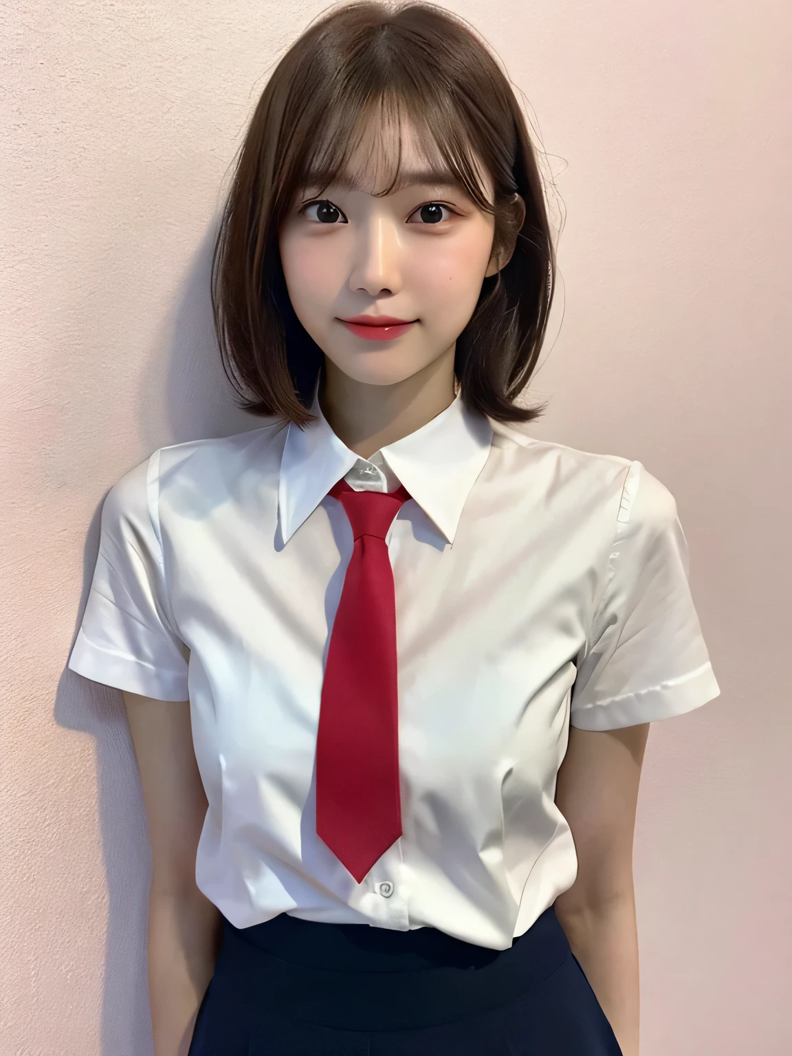 One person、14 years old、Brown Hair、Full body photo、slender、woman、White drool coming out of the mouth、smile、Short Bob Cut、 Fair skin, messy hair, super cute、Soft and Face、8K resolution、Surreal、Ultra high definition、 A-cup small breasts((Highest resolution、8K、masterpiece:1.3))、Ultra-fine face、Ultra Fine Lips、Beautiful Eyes、double eyelid,Pink wall、Red tie、White shirt、Navy Blue Skirt、Thighs、thin,Thighsが見える、Shapely small breasts、