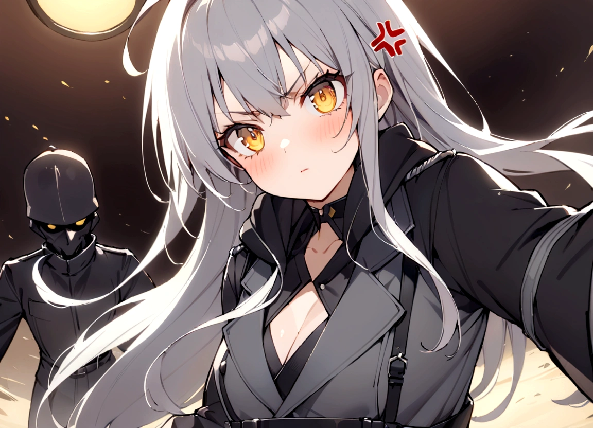 Gun on shoulder、(masterpiece, best quality:1.2), 1girl, 独奏,Black military uniform、Looking through the scope、Point your gun at us、Grey long hair、Ahoge、Yellow Eyes、Ready your gun?、sniper rifle、Background of military bases、Fisheye Lens、battlefield、Shadows of light and darkness、Expressionless、Grim face、anger、battle、A black hoodie over a grey trench coat、
