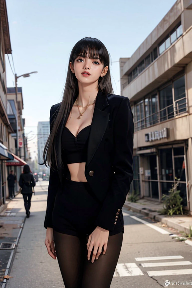 masterpiece, Highest quality,dnfSpectre, Earrings, Cleavage, Black jacket, Black leotard, pantyhose, Black gloves, sunglasses, night, Abandoned City, Large Breasts,(Browsing Caution:0.9),(Long white hair)