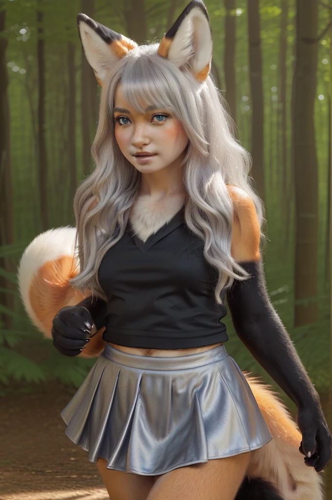 long silver hair, blue eyes, skirt and a black top,((fur,fox girl,silver fur,)), (human),(((super realistic, realistic, photorealistic))), female kitsune, fox, matuurafox