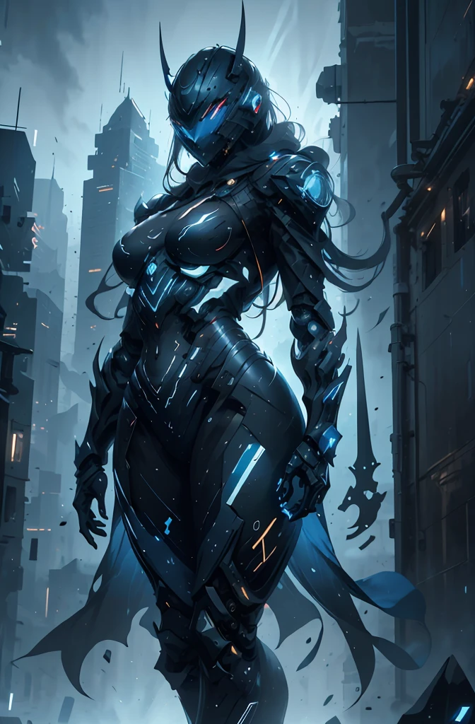 Masterpiece, best quality, highly detailed, cyborg women, sexy cyborg women, elegant cyborg, ((black and blue) cyborg), Mechanical body and helmets, (fullface helmet with horn)), black visor, slim waist, wide hips, thick thighs, athletic, proportional body, (waist cape), long sword, ((black and blue color scheme:1.2)), hairless, (8K), Wallpaper, UHD, HDR, intricate details, complex design, ultra detailed, hyper realistic, lifelike, realistic texture, smooth texture, shadows, dynamic lighting, (City at night), standing in rain, Beautiful scenery, Magical Atmosphere, Melancholic, Light Rain, Light blue Crystal particles