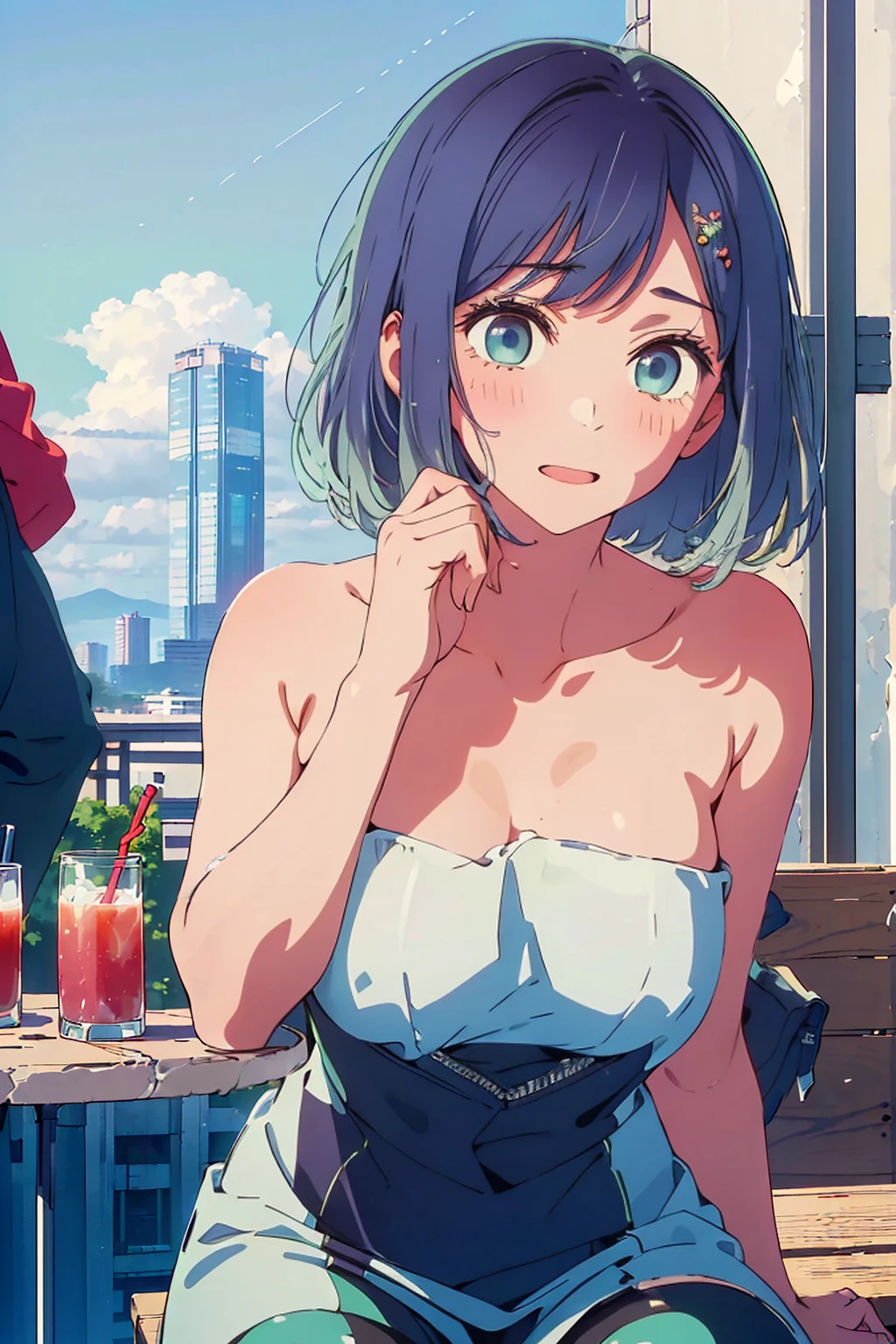 (Highest quality:1.4、8K:1.4、detailed)、F cup bust、Big Breasts、Slim body、Very white beautiful skin、((((1 person、Surprised expression、sit、Chair、In the background are the urban buildings of Tokyo、looking at the camera、Outdoor café terrace、Navy hair color、juice、Shooting up close、Shooting from an angle、table、Very cute face))))、((((nude、very beautiful areola、Sunburn mark))))、(Hand touching cheek pose:1.4、Cheek resting on hand:1.4)、Off-the-shoulder blouson、Black blouson with zipper、Very blue sky、A completely cloudless sky
