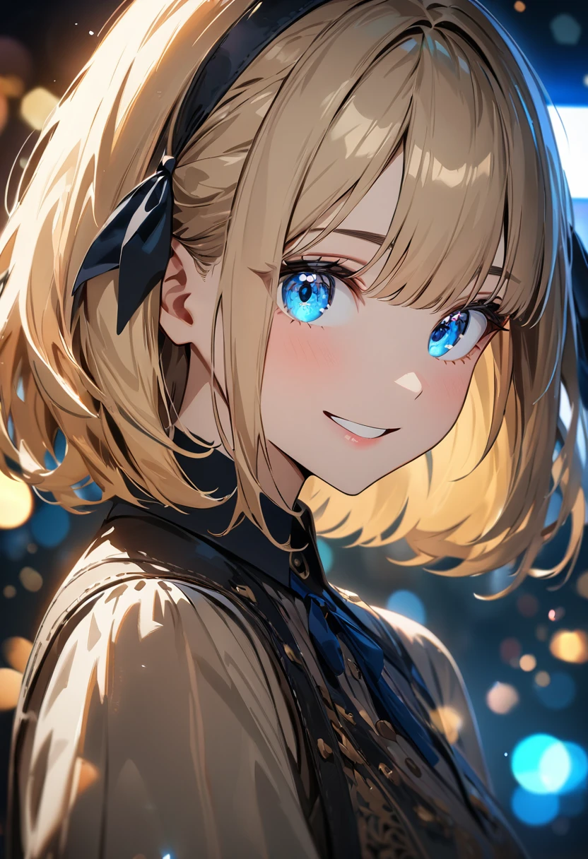 (((One girl))), Shibuya, blond hair, bob cut, (looking at viewer), upper body, breasts, teenager, head tilt:1.3, (((blue eye))), constricted pupils, (from side:1.3), ((happy smile)), gothic lolita:1.3, hair ornament, hair ribbon, anime style, (best quality, 4k, 8k, highres, masterpiece:1.2, ultra-detailed, ultra-detailed eyes, HDR, UHD, studio lighting, ultra-fine painting, sharp focus, physically-based rendering, extreme detail description, professional, vivid colors, bokeh)