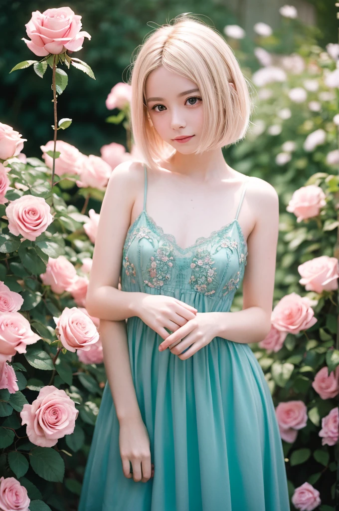 8k, RAW photo, Fujifilm, style photo of a beautiful young woman as avril in a garden of light pink roses (highly detailed skin: 1.2) Style-Petal BREAK short hair, blonde hair with colored locks, wearing a dress, film granulation, 35mm, cute style