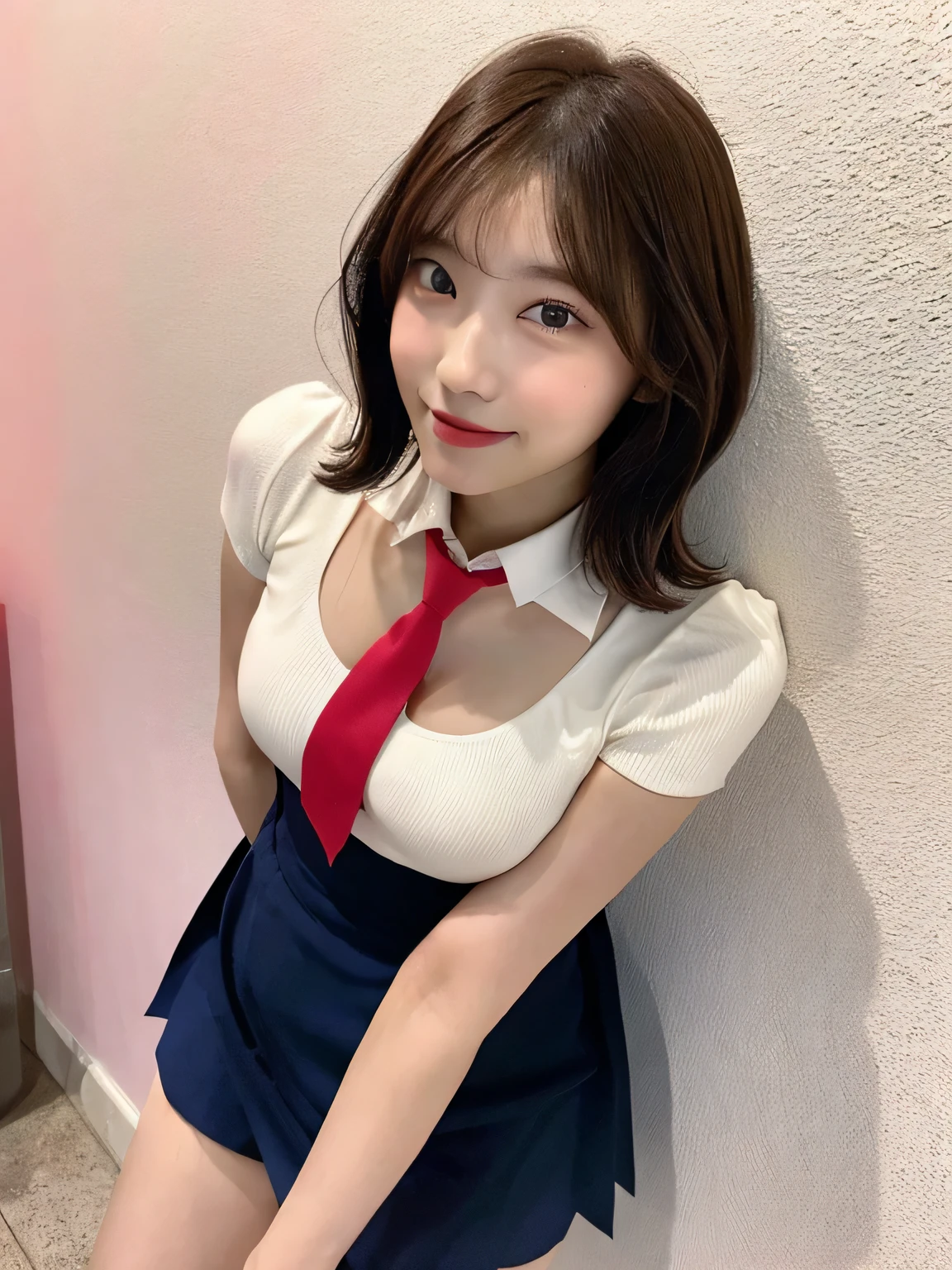 One person、14 years old、Brown Hair、Full body photo、slender、woman、White drool coming out of the mouth、smile、Short Bob Cut、 Fair skin, messy hair, super cute、Soft and Face、8K resolution、Surreal、Ultra high definition、 A-cup small breasts((Highest resolution、8K、masterpiece:1.3))、Ultra-fine face、Ultra Fine Lips、Beautiful Eyes、double eyelid,Pink wall、Red tie、White shirt、Navy Blue Skirt、Thighs、thin,Thighsが見える、Shapely small breasts、