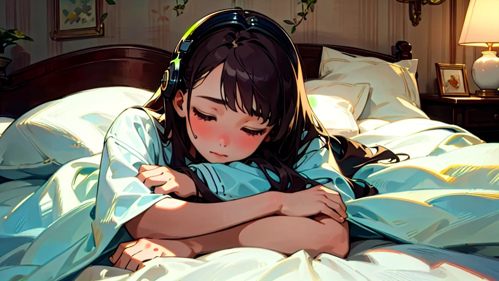 (Highest quality, masterpiece, Ultra-realistic), Beautiful and delicate15Year-old girl portrait, With a calm and gentle expression, The background is the bedroom at home.。While listening to music with headphones、Sleeping。The room is dimly lit、The light from the bedside lamp is faint。