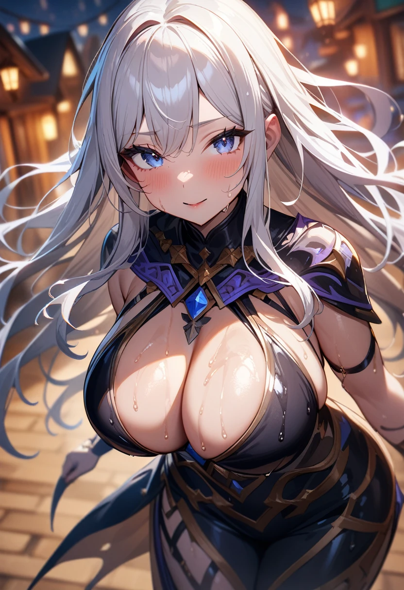 1girl,solo,super detailed skin,shiny skin,wet oily skin, natural face,eyelashes,white hair,long hair,large breasts,unique and complex clothes ,arm forward,magic circle,night fantasy town,masterpiece,best quality,ultra detailed,high resolution,sharp focus,depth of field