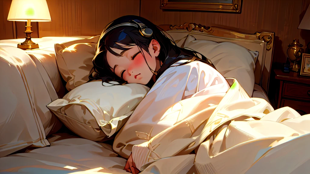 (Highest quality, masterpiece, Ultra-realistic), Beautiful and delicate１５Year-old girl portrait, With a calm and gentle expression, The background is the bedroom at home.。While listening to music with headphones、Sleeping。The room is dimly lit、The light from the bedside lamp is faint。