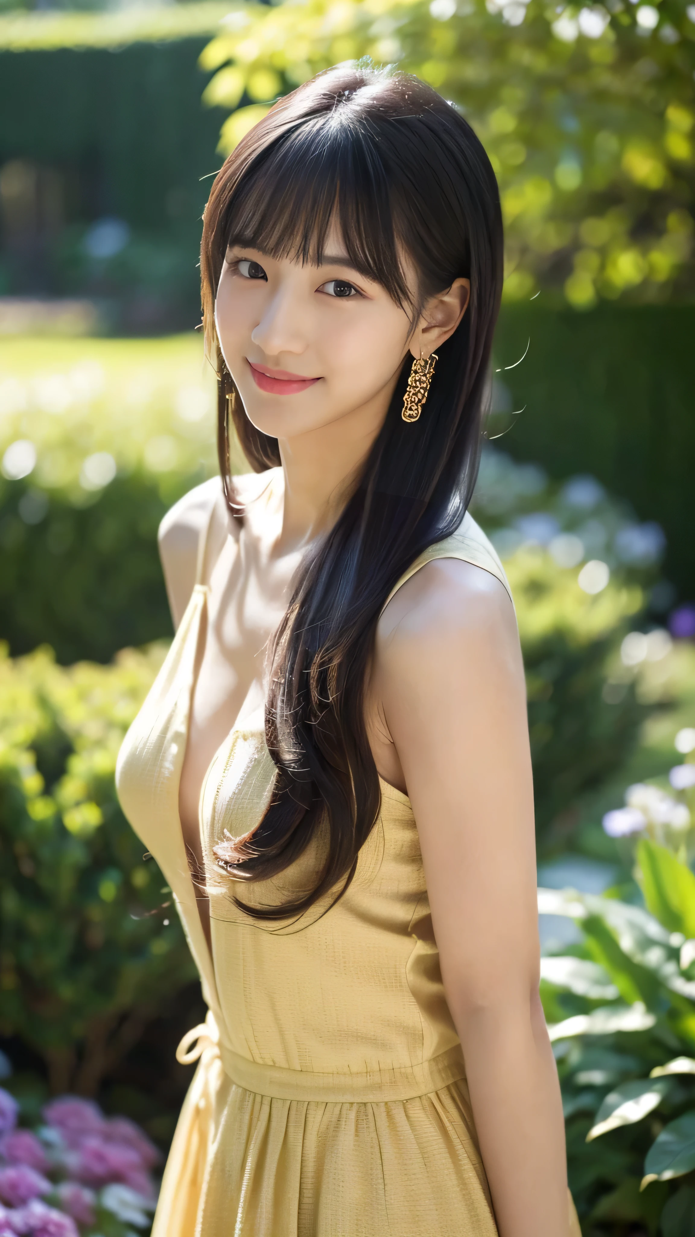 ((masterpiece)), 32k, masterpiece, Highest quality, 1 girl, alone, (Nationality: British:1.3), Realistic, Garden, Realistic, Very detailed, Detailed Background, (alone: 1.4), Happy expression, Slender body, Realistic Highly detailed long hair, Intricate details, masterpiece, Highest quality, West Shot, (花の咲くGardenの背景)), smile, ((Looking at the camera)), Earrings, Long straight black hair, Asymmetrical bangs, Natural Breasts ,