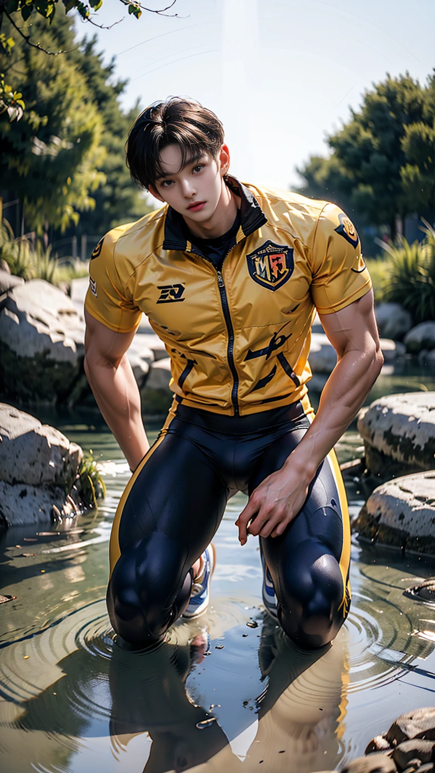 masterpiece,best quality, (A -yeld taboy with a well-developed physique:1.2), (Kneeling upright in the middle of the stream:1.2),Orange tight cycling suit,male，(Broad shoulders),Muscular shoulders，（Extremely strong body），Attractive and fit body，Inverted triangle figure，Biceps，Highlight muscle texture，（Frontal upward perspective）， Muscular body，Small head，（Handsome and cute face），V-Shaped Face，Perfectly detailed facial features,sports shoes，Looking at the camera，An innocent expression，leaning back,head tilt, happy, very short hair, brown hair,(looking at viewer:1.2)，Wide-angle lens