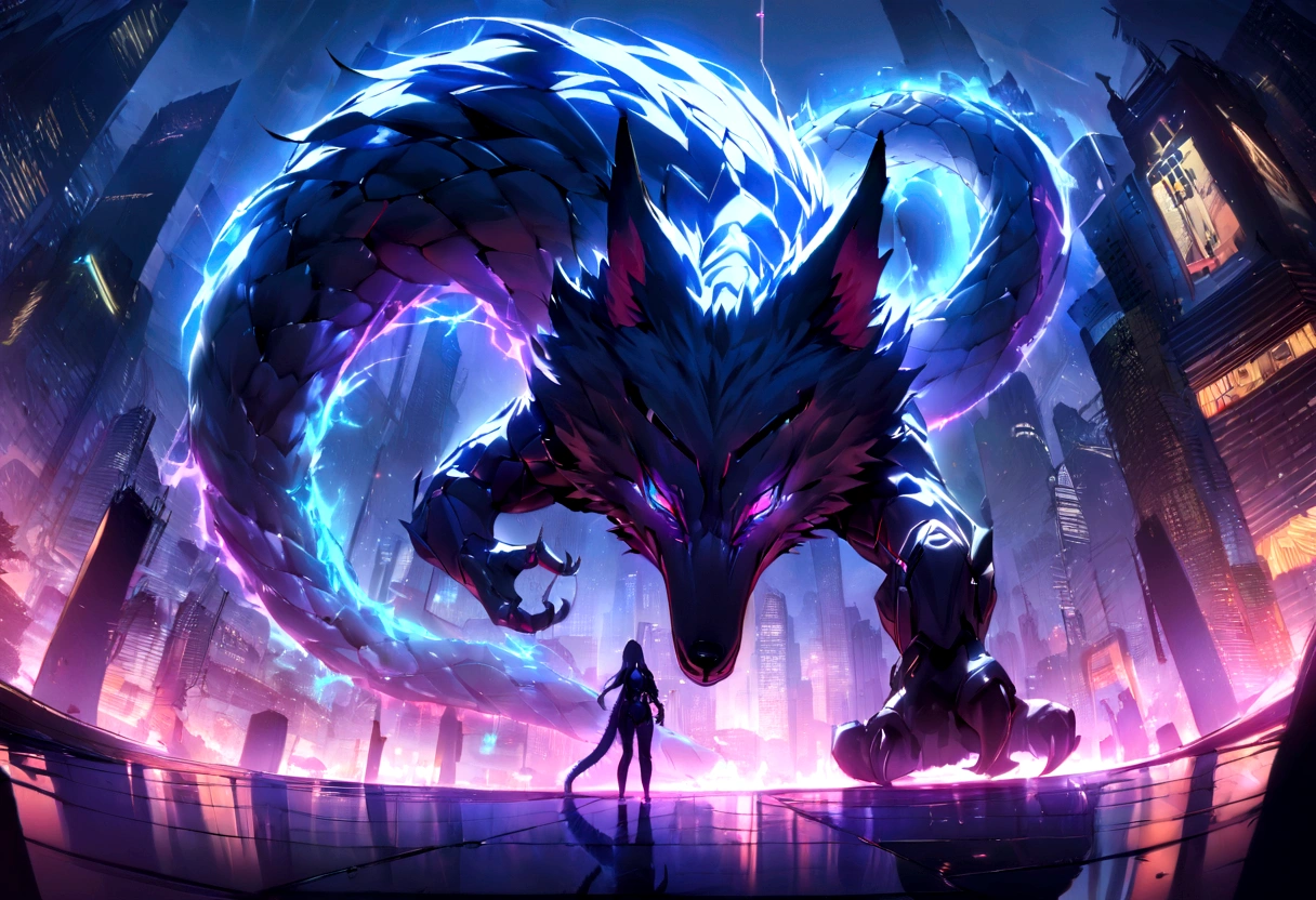 ((masterpiece, Highest quality, Best image quality, High resolution))A wolf with a snake&#39;s tail、 Glowing blue eyes and advanced cybernetic enhancements. The giant demon is seen in a dynamic action pose, Neon-lit rooftop, reflection on a smooth surface. The cityscape below is filled with towering skyscrapers., illuminated by colorful holographic advertisements, Shining with blue energy, Mighty power. The overall atmosphere is dark and mysterious., It had a futuristic techno vibe.. The lighting is dramatic, Intense highlights and deep shadows, Creates depth and tension. Color Palette