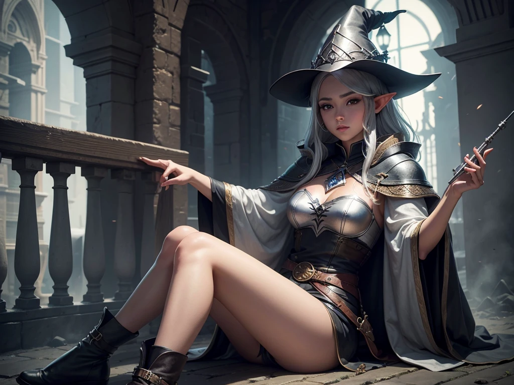 medieval setting, full view of body, 1 female elf mage,beatiful smokey eyes, silver hair, black mage robe with gambeson, wizard hat, leather boots