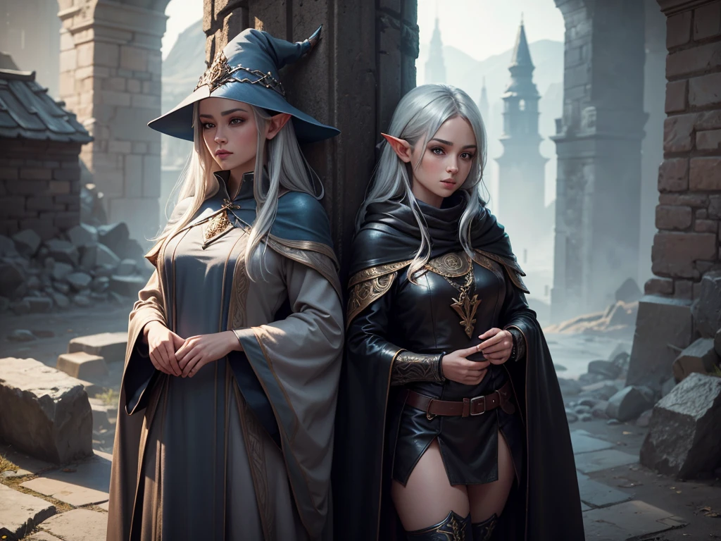 medieval setting, full view of body, 1 female elf mage,beatiful smokey eyes, silver hair, black mage robe with gambeson, wizard hat, leather boots
