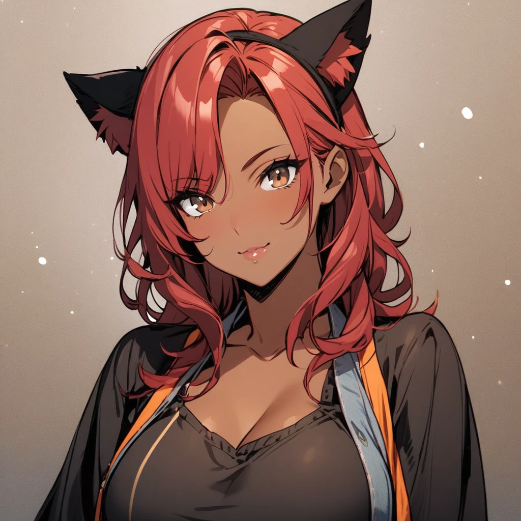 Girl, red hair, dark skin, cat ears, brown eyes, beautiful, mature