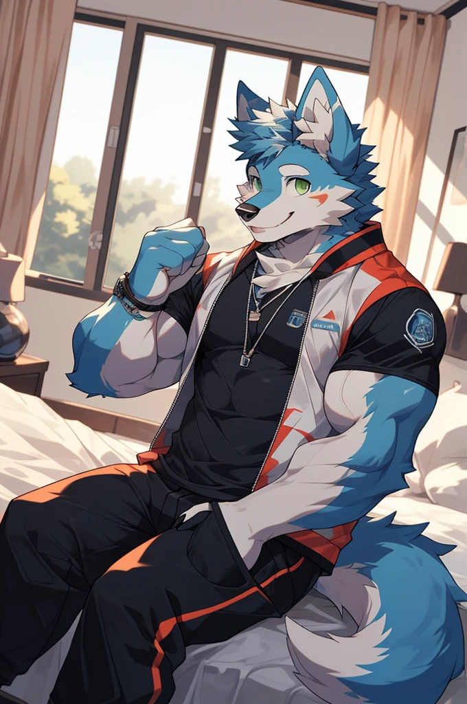 (high definition, Dynamic HDR, 4K, Full HD), furry, 18 years old, relax, wolf, Big one, blue fur, green_eyes, Random clothes, A smile on his face., bedroom, upper body, cute, handsome, Be confident, muscle, Wear tight clothes., round_cornea