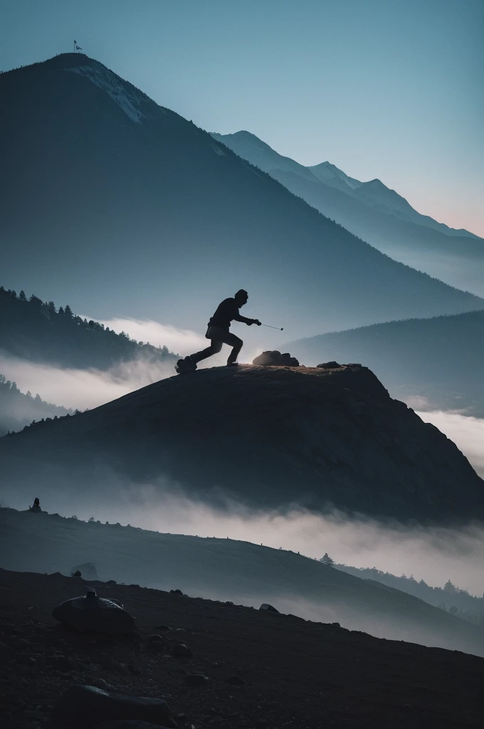 Man with black silhouette rolling a rock up the mountain