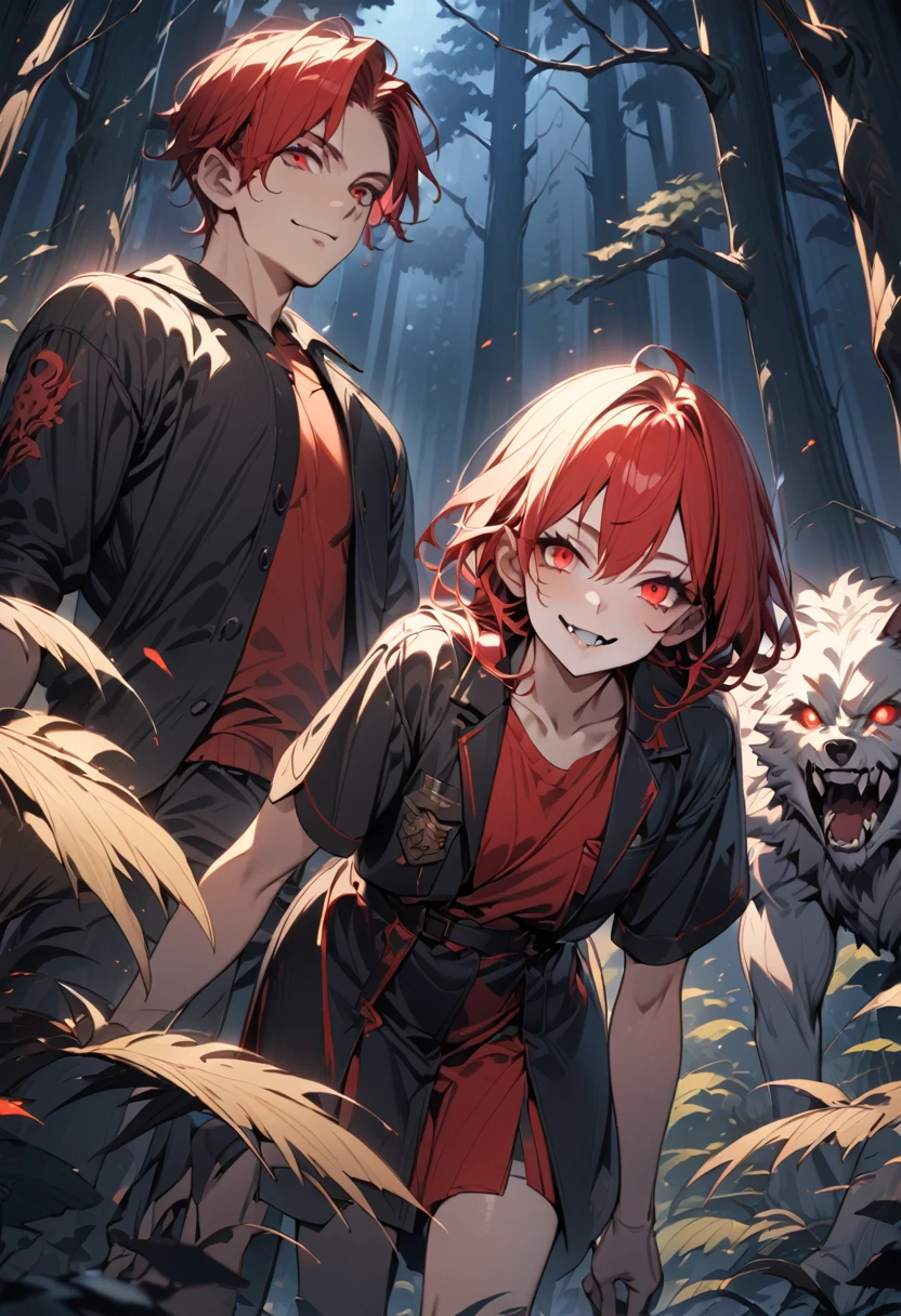 (award winning, 8k, super detailed, high resolution, best quality), (a young man with red hair and black jacket, smirk face and), (a werewolf with red velvet fur), (standing side by side), detailed eyes, extremely detailed face and features, detailed fangs, in a dark mysterious forest at night, moonlight shining, mist, old trees, moonlit forest, moody lighting, horror atmospheric