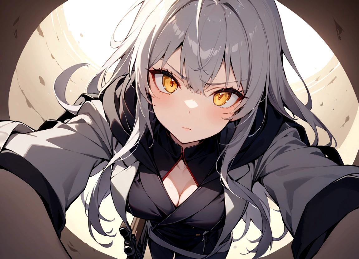 大きなReady your gun?女の子、Open chest、(masterpiece, best quality:1.2), 1girl, 独奏,Black military uniform、Looking through the scope、Point your gun at us、Grey long hair、Ahoge、Yellow Eyes、Ready your gun?、sniper rifle、Background of military bases、Fisheye Lens、battlefield、Shadows of light and darkness、Expressionless、Grim face、anger、battle、A black hoodie over a grey trench coat、