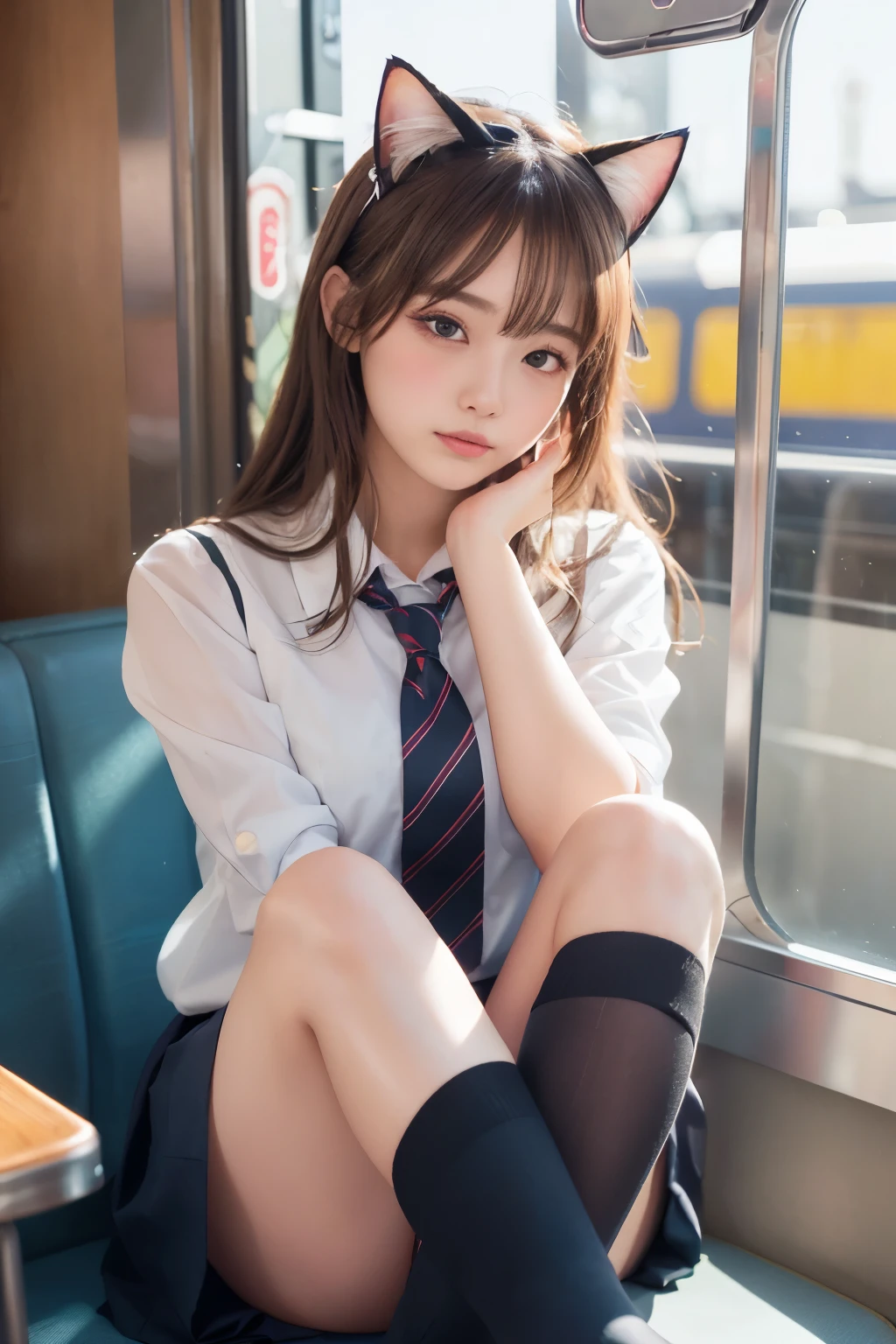 (Cat ears:1.3), (Showing off panties:1.2), (Professional portrait, Realistic and perfectly shaped subjects:1.3), (masterpiece, highest quality:1.2), (Realistic, Ultra-realistic, Realistic:1.3), (ultra High resolution), High resolution, Intricate details, Super detailed, (Highly detailed CG, unity 8k wallpaper:1.3), Clear image,
break
(1 Japanese girl, 16 years old), (cute, Slender figure), (Perfect Anatomy, Correct limbs:1.2), (Perfect hands), Perfect Arms, Beautiful and delicate face down to the last detail, Beautiful and delicate eye and eye highlights, (Very thin and delicate、not too long lashes), (Captivating eyes, Beautifully detailed eyes and face), light makeup, Pink Lip, Lip gloss, Stylish face, (Shiny skin, Realistic skin detail), Brown Hair, medium chest
break
((school uniform)), (High school girl), (Black socks), shirt open
break
(train:1.3), sitting at long seat, (Cowboy Shot), break
(((blush:1.4))), ((Embarrassing:1.4)), (((shy:1.5)))
break
from below
break