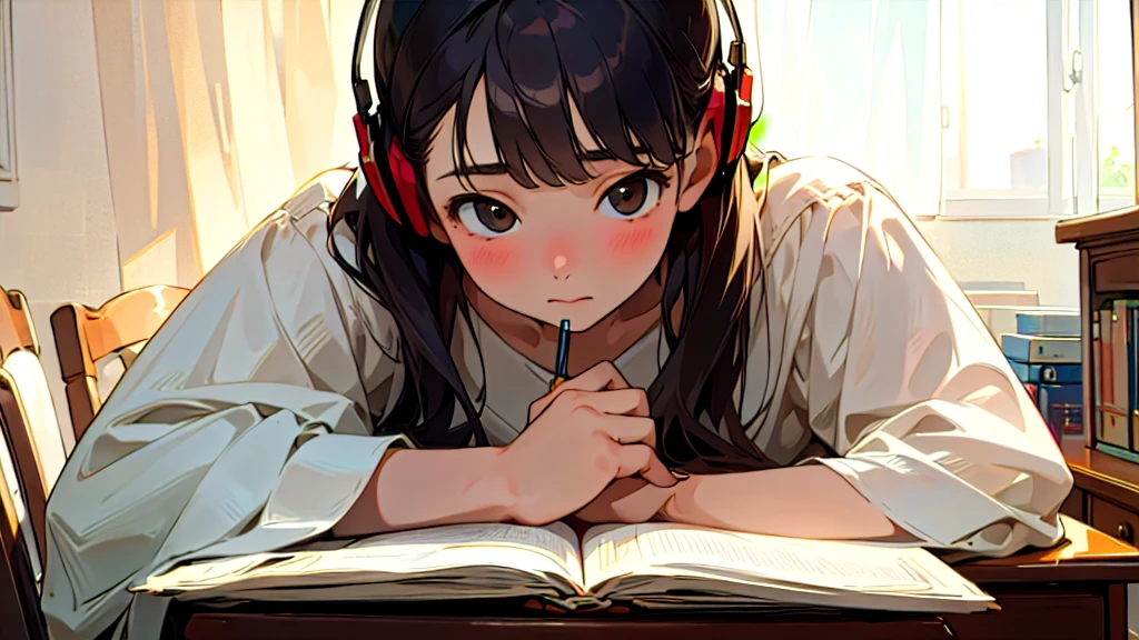 (Highest quality, masterpiece, Ultra-realistic), Beautiful and delicate１５Year-old girl portrait, With a calm expression, The background scene shows him studying hard at his desk in his room at home.。While listening to music with headphones、studying。