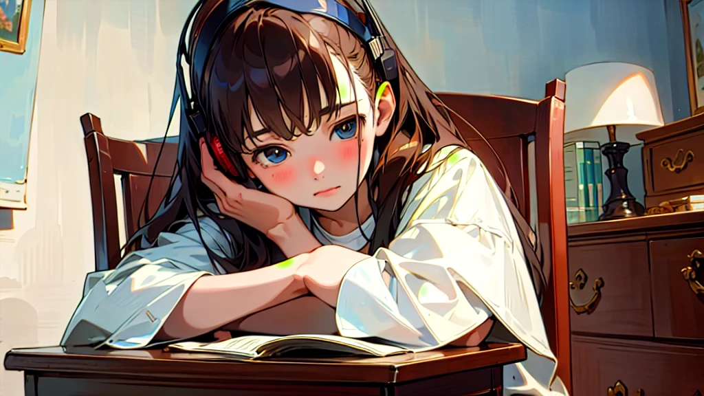 (Highest quality, masterpiece, Ultra-realistic), Beautiful and delicate１５Year-old girl portrait, With a calm expression, The background scene shows him studying hard at his desk in his room at home.。While listening to music with headphones、studying。