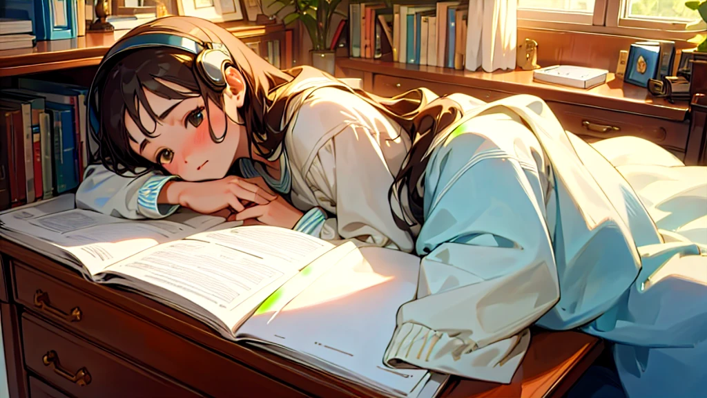 (Highest quality, masterpiece, Ultra-realistic), Beautiful and delicate15Year-old girl portrait, With a calm expression, The background scene shows him studying hard at his desk in his room at home.。While listening to music with headphones、studying。