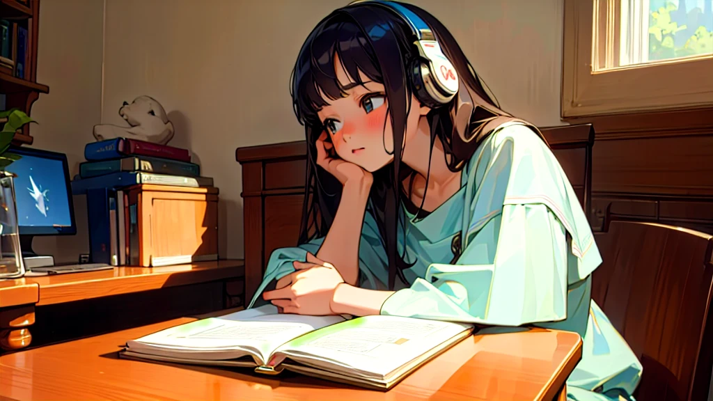 (Highest quality, masterpiece, Ultra-realistic), Beautiful and delicate１５Year-old girl portrait, With a calm expression, The background scene shows him studying hard at his desk in his room at home.。While listening to music with headphones、studying。