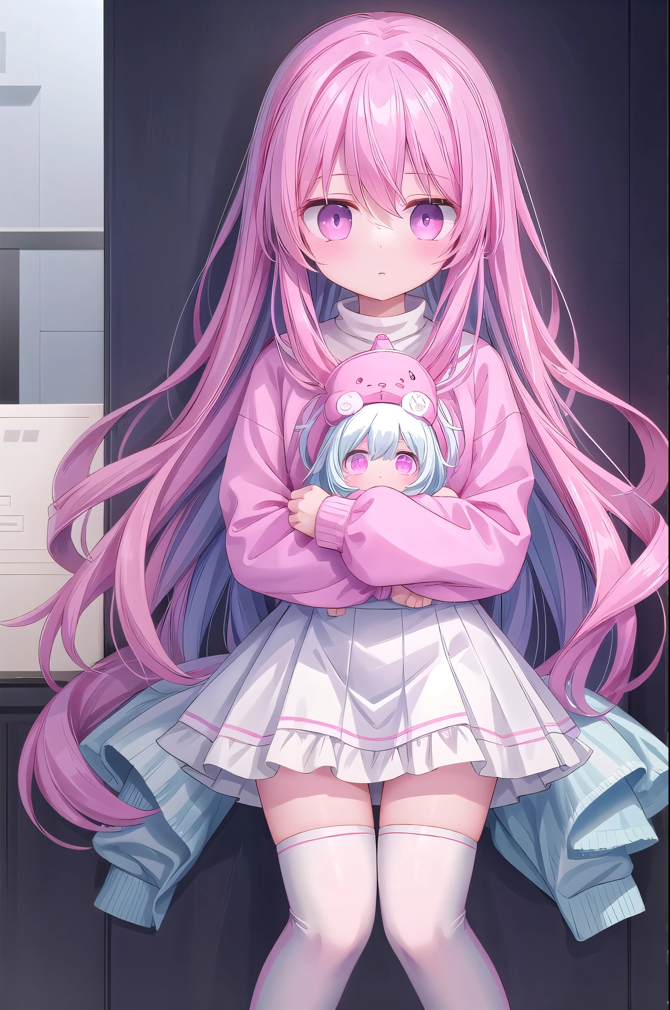 ,White knee socks,Light blue long hair,Pink and white sweatshirt,Pink Eyes,Blue headphones,The character stands,Character display pictures