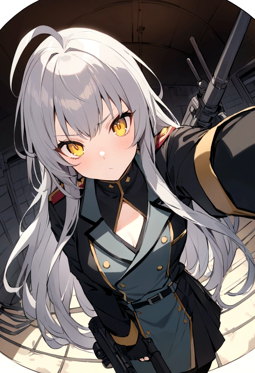 Serious expression、action、(masterpiece, best quality:1.2),Expressionless、 1girl, 独奏,Black military uniform、Grey long hair、Ahoge、Yellow Eyes、Ready your gun?、sniper rifle、Background of military bases、Fisheye Lens(masterpiece, best quality:1.2),Expressionless、 1girl, 独奏,Black military uniform、Grey long hair、Ahoge、Yellow Eyes、Ready your gun?、sniper rifle、Background of military bases、Fisheye Lens
