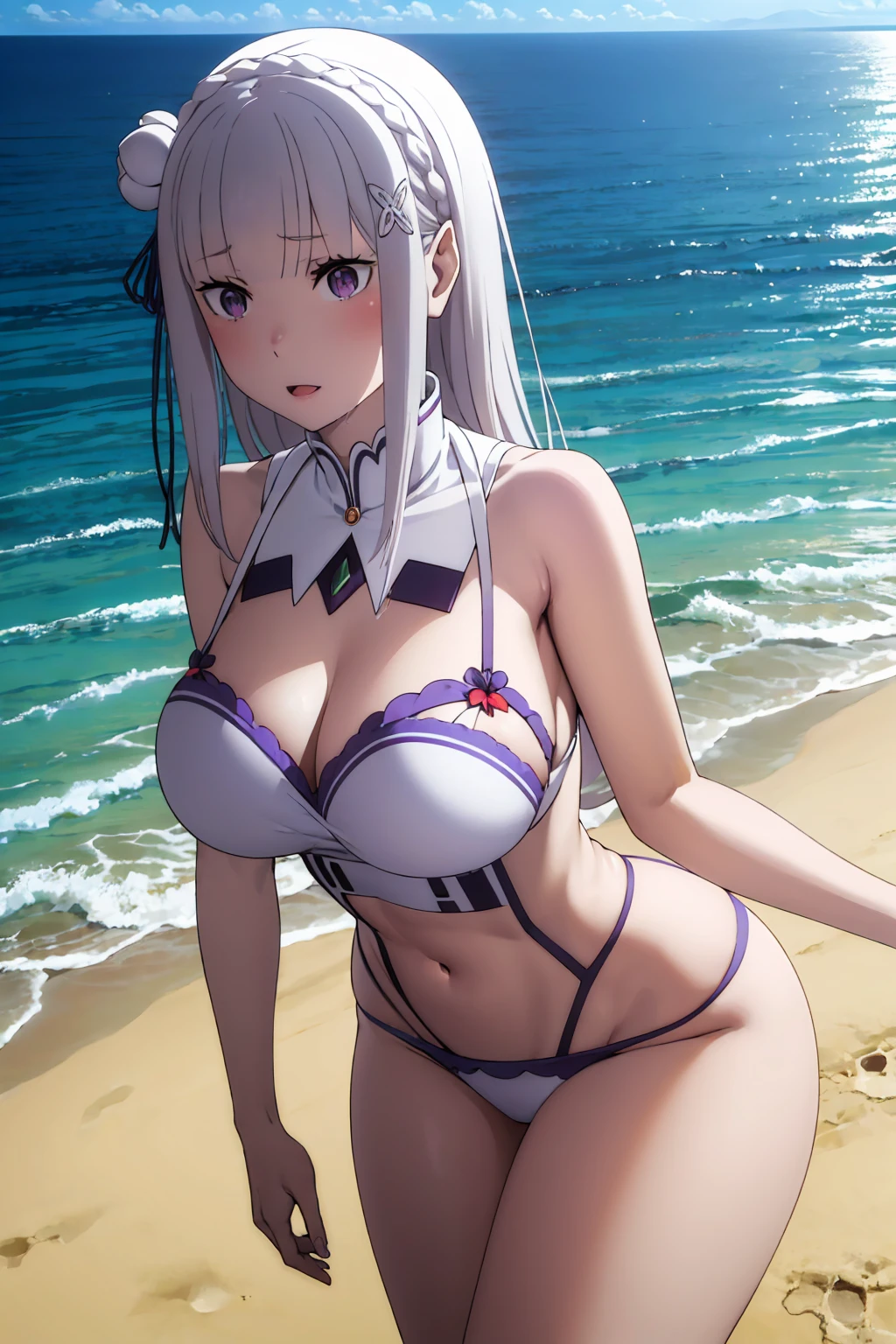 Emilia, white hair, posing, y, white clothes, beach, bighick thighs, hot, swimsuit, wet