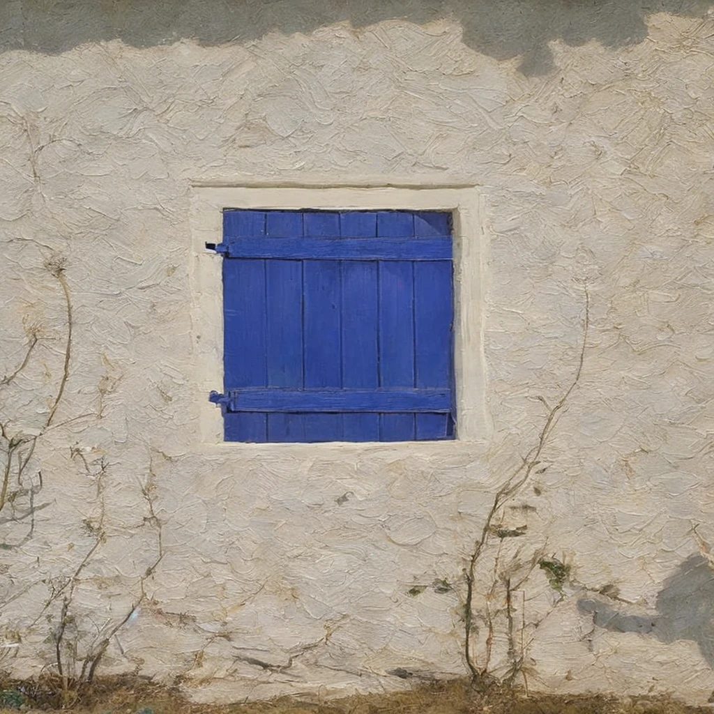 masterpiece, ultra detailed, beautiful, distinct, best aesthetic, super fine illustration, vibrant blue shuttered window, heart-shaped cutout, sunlit white stucco wall, delicate climbing plants, soft shadows, tranquil European countryside, #drawing style: Mixed Media #painting method: Impasto, pointier painting method, pointillism technique, repoussoir, Sfumato, Detailing oil pastel art, impressionism, Van Gogh style, Detailing digital painting
