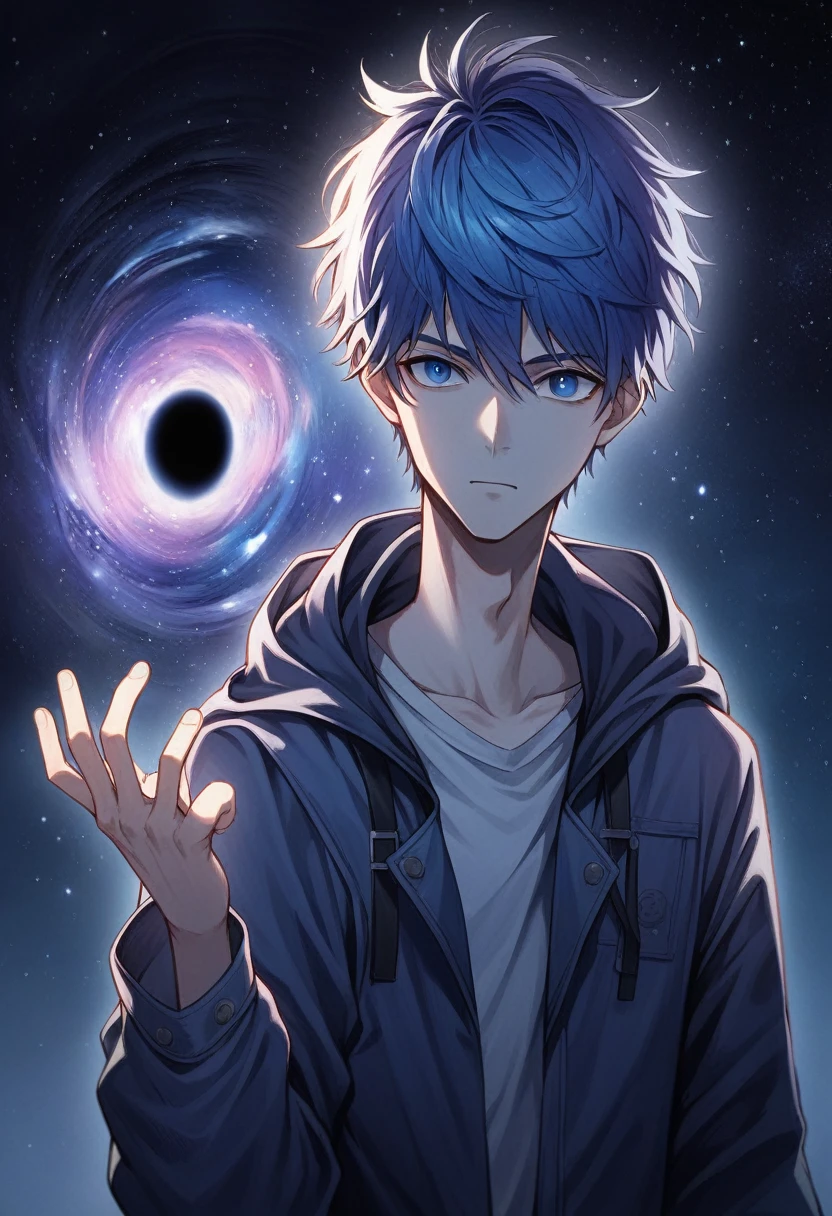 anime boy with blue hair and a black hole in the background,from back, anime boy, anime style 4 k, anime wallaper, high quality anime artstyle, tall anime guy with blue eyes, hd anime wallaper, anime art wallpaper 4 k, anime art wallpaper 4k, anime girl with cosmic hair, anime wallpaper 4k, anime wallpaper 4 k, 4k anime wallpaper