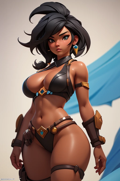 Best quality, masterpiece, ultra high res,photorealistic, raw photo,best quality,global illumination,8k wallpaper,official art, Amazing, finely detail,huge filesize, ultra-detailed,(extremely detailed eyes and face:1.2),(incredibly absurdres)), big tits, uncensored, Kinessa from the paladins game, naked, black hair, dark and tanned skin,