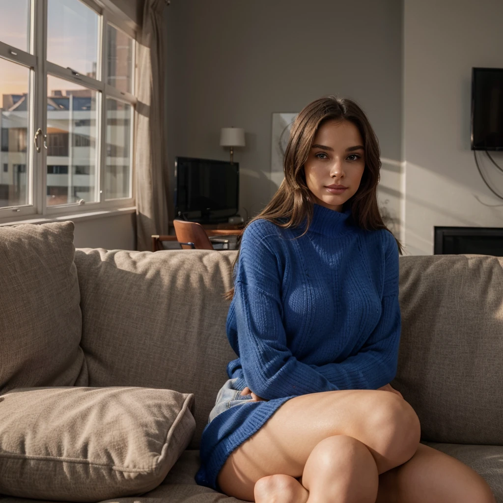 Female supermodel. Cute, adorable, smirking. Royal blue sweater. Sitting on gray sofa. Living room. Warm, soft lighting. Sunset.