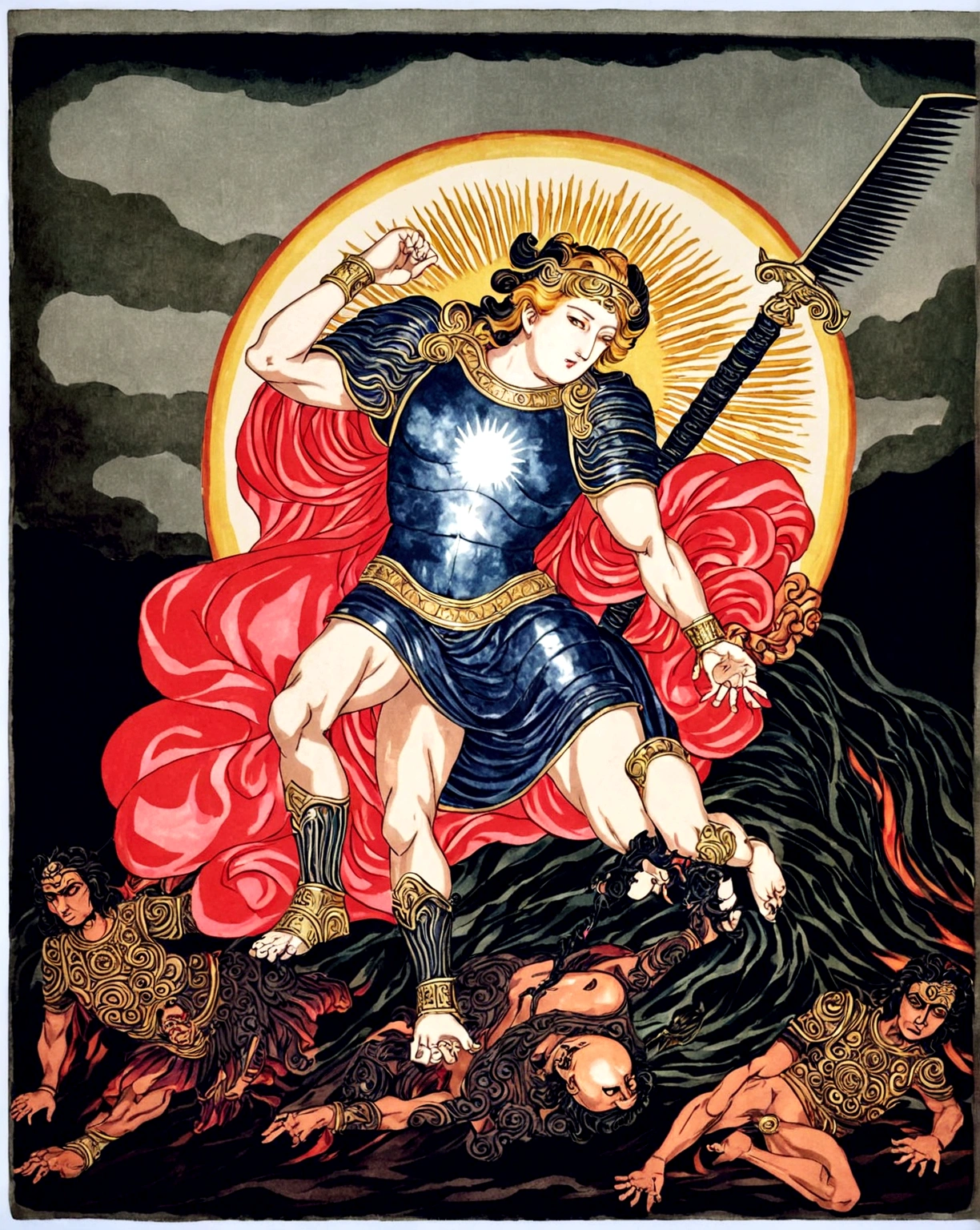 god  of the sun and darkness posing holding a sword covered in an aura of darkness and the sun With long black hair And a strong body With black armor defeat a Apollo gods of sun Holding the decapitated head of Hades