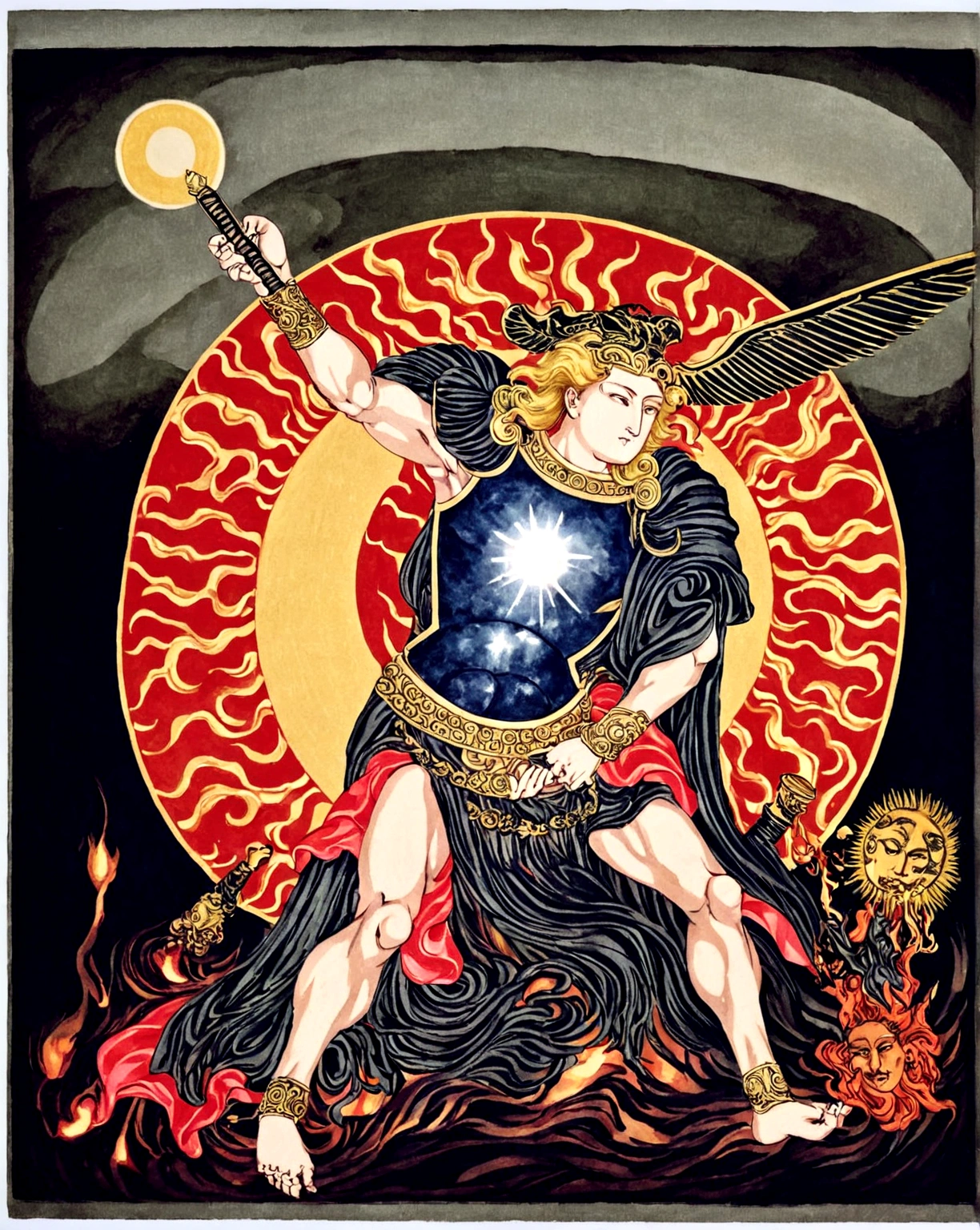 god  of the sun and darkness posing holding a sword covered in an aura of darkness and the sun With long black hair And a strong body With black armor defeat a Apollo gods of sun Holding the decapitated head of Hades