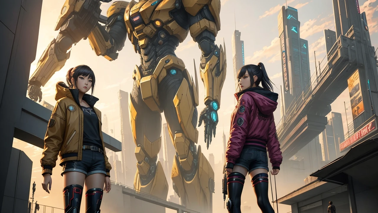 Boutique,best quality,Gold jewelry,(slip out feet),Fairy skin,(Fidelity :1.2),Standing,Super Detailed,realistic,High quality,Movie Light,Ray tracking,Ultra HD,Upper body
Girl in shorts and jacket standing next to giant robot, Guweiz style artwork, CyberPunk mech, Trends on CGSTATION, Guweiz, Russell Dongjun Lu, digital cyberpunk anime art, Ross Tran 8 K, Guweiz on ArtStation Pixiv, Girl in mecha network armor