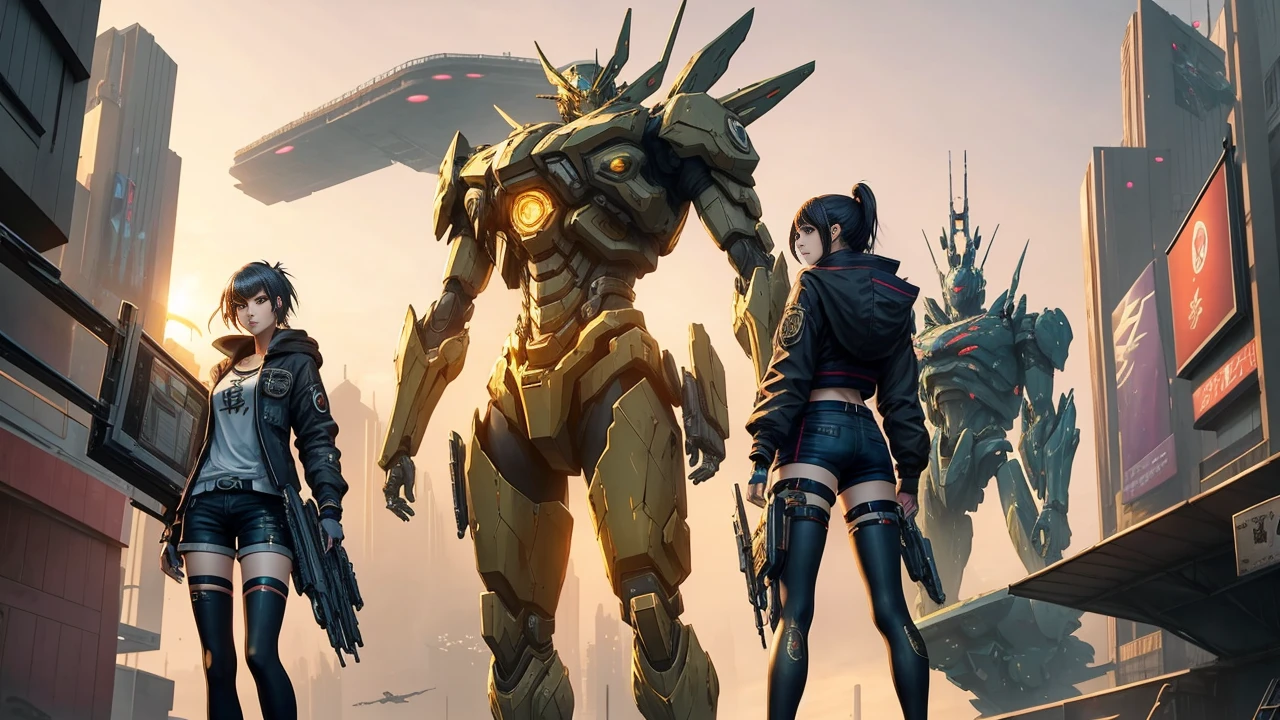 Boutique,best quality,Gold jewelry,(slip out feet),Fairy skin,(Fidelity :1.2),Standing,Super Detailed,realistic,High quality,Movie Light,Ray tracking,Ultra HD,Upper body
Girl in shorts and jacket standing next to giant robot, Guweiz style artwork, CyberPunk mech, Trends on CGSTATION, Guweiz, Russell Dongjun Lu, digital cyberpunk anime art, Ross Tran 8 K, Guweiz on ArtStation Pixiv, Girl in mecha network armor