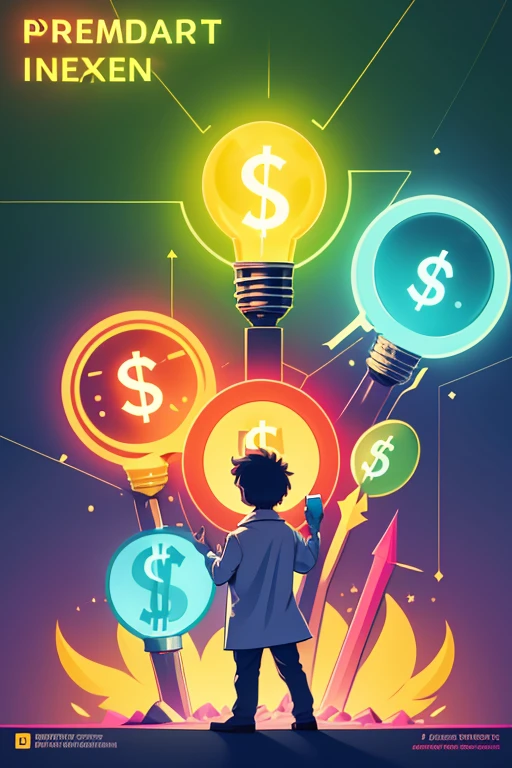 Create a vibrant and eye-catching cartoon scene: Imagine a large, glowing light bulb with a dollar sign inside it, symbolizing ideas and wealth. Around the light bulb, have cartoon characters of diverse backgrounds (representing a global audience) enthusiastically holding a magnifying glass and examining a simplified stock market chart. In the foreground, prominently feature the title "How to Invest in Stocks as Beginners" in bold, colorful, and easy-to-read font. Add some subtle elements like arrows pointing upwards or dollar signs to emphasize growth and financial opportunity. The background could be a soft gradient to make the characters and title pop.