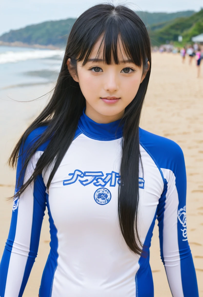 front view, female focus on, (A scene where people are enjoying surfing by riding the waves on a surfboard:1.2), (drenched:1.2), Fluttering long hair, laughing, one-piece swimsuit, half decorational vertical border in the middle cloth, (white Clothes), ocean, sparkle,