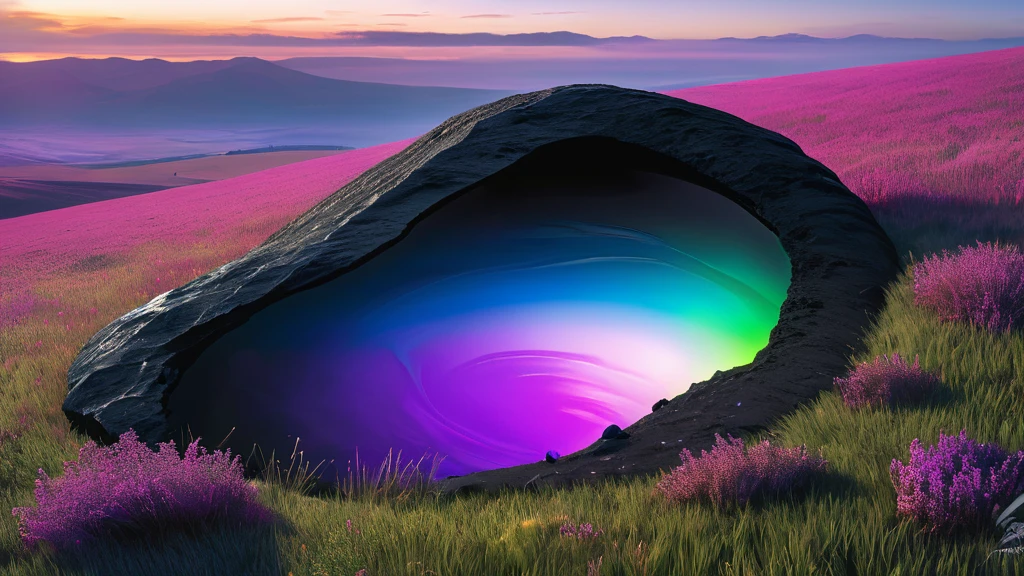 In the midst of a vast, windswept grass field lies a solitary black stone pendant, half-buried in the earth. Its surface, smooth and polished, reflects the shifting hues of the sky above—sometimes a deep midnight black, other times glinting with hints of iridescent purple when caught in the sunlight.