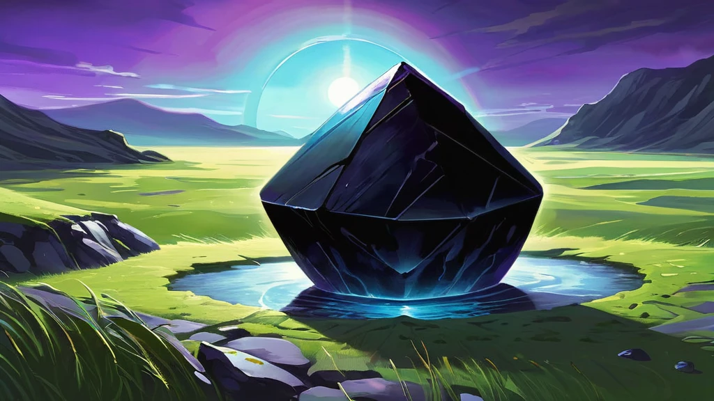 In the midst of a vast, windswept grass field lies a solitary black stone pendant, half-buried in the earth. Its surface, smooth and polished, reflects the shifting hues of the sky above—sometimes a deep midnight black, other times glinting with hints of iridescent purple when caught in the sunlight.