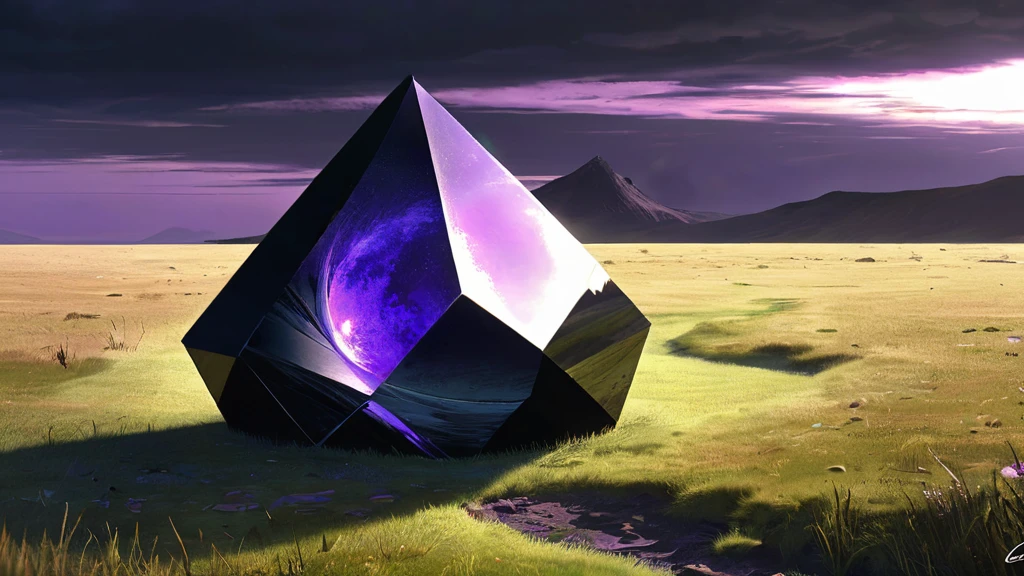 In the midst of a vast, windswept grass field lies a solitary black stone pendant, half-buried in the earth. Its surface, smooth and polished, reflects the shifting hues of the sky above—sometimes a deep midnight black, other times glinting with hints of iridescent purple when caught in the sunlight.