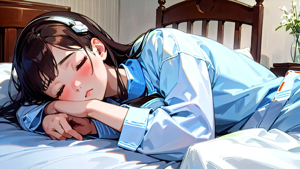 (Highest quality, Masterpiece, Ultra-realistic), Beautiful and delicate15Year-old girl portrait, With a calm expression, The background is the bedroom at home.。Sleeping while listening to music through headphones。